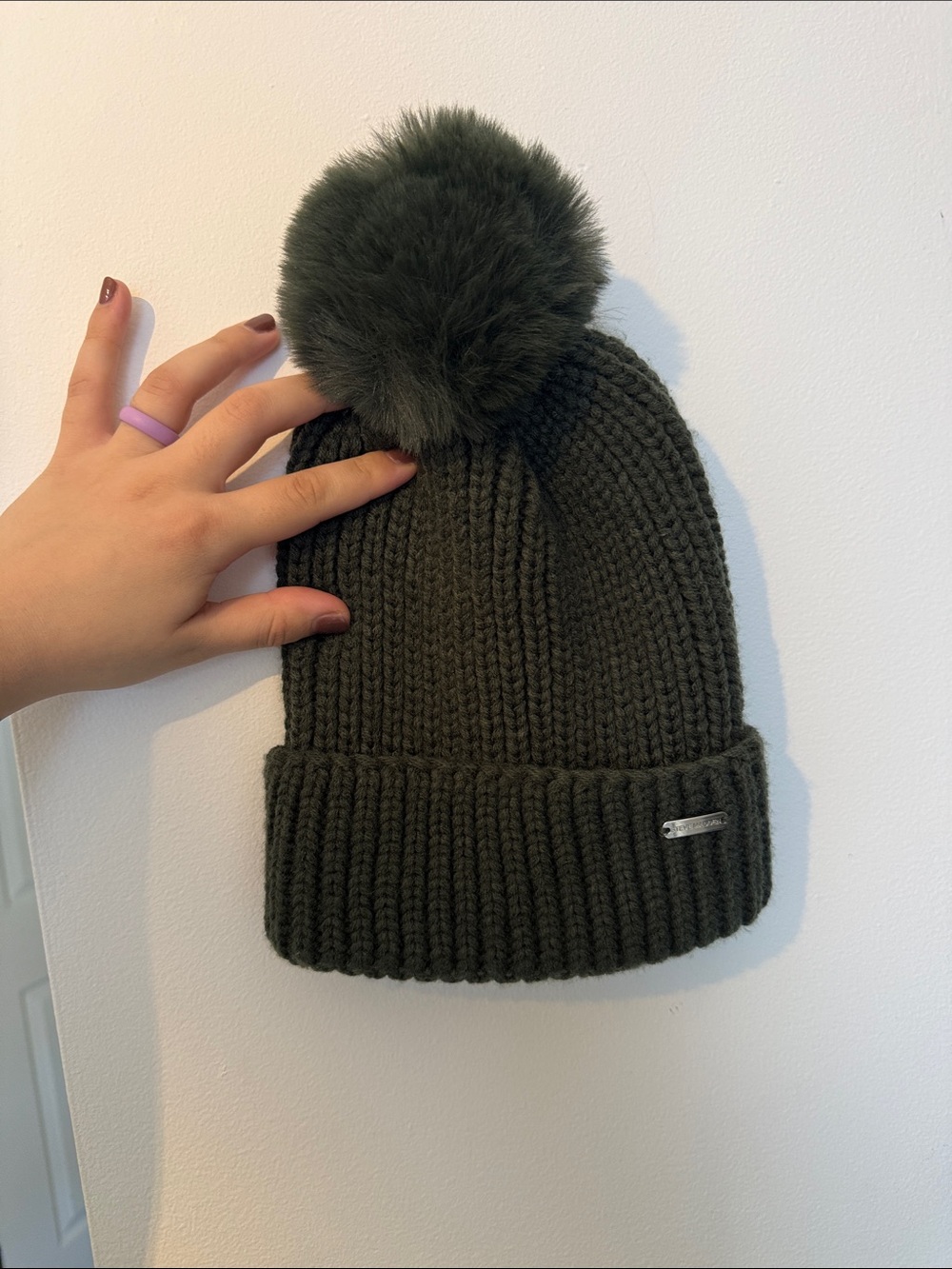 Steve Madden Dark Olive Pom-Pom Knit Hat